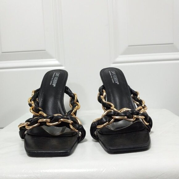 Cape Robbin Black & Gold Chain Strap High Heel Sandals Square Toe Women's 10 - Picture 3 of 6